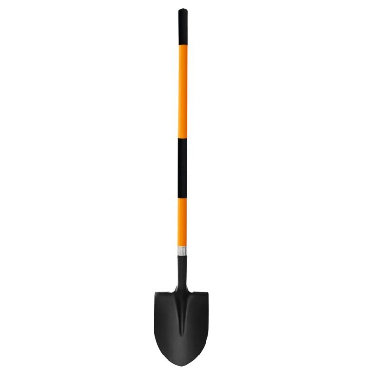 Black shovel with orange and black striped handle on white background