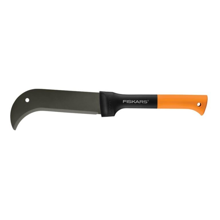 Fiskars curved pruning knife with black blade and orange handle
