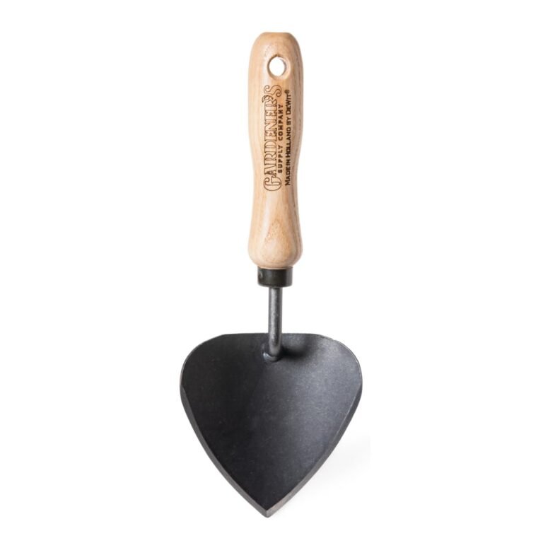 Heart-shaped garden trowel with wooden handle, "Gardeners Supply Company" branding