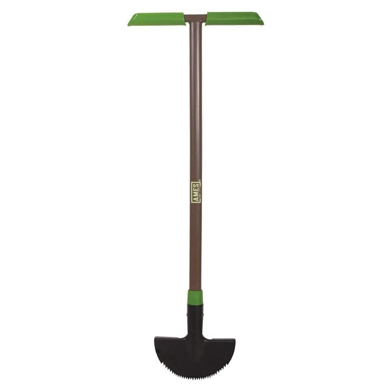 Ames garden tool with a green handle and a serrated blade