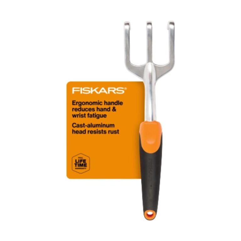 Fiskars garden hand fork with orange and black ergonomic handle