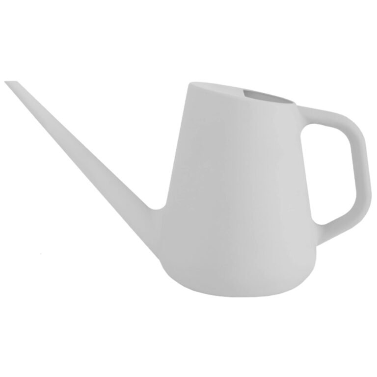 White watering can with a long spout and a curved handle