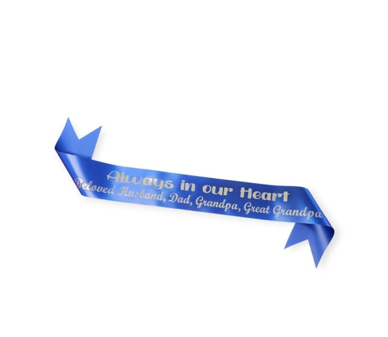Blue ribbon with "Always in our Heart" and family titles
