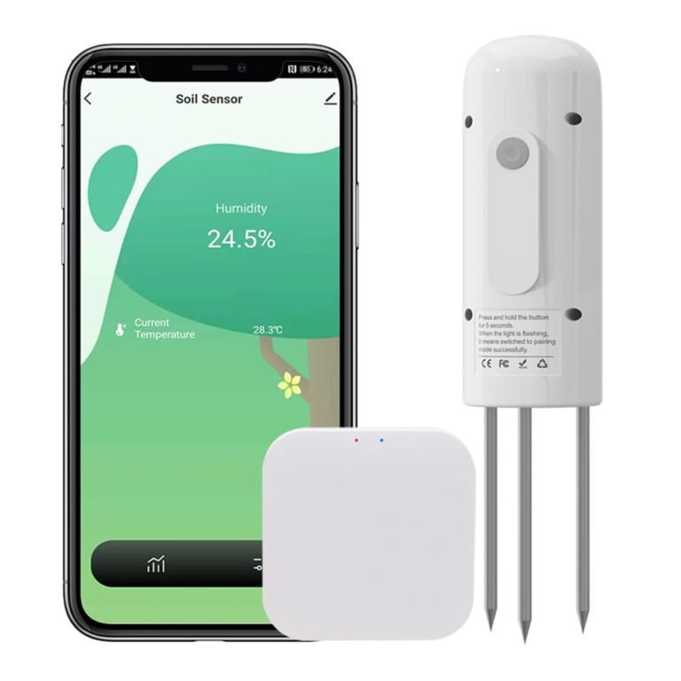 Soil sensor with smartphone displaying humidity and temperature readings