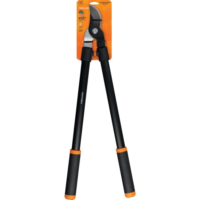 Fiskars lopper tool with black handles and orange grips on packaging