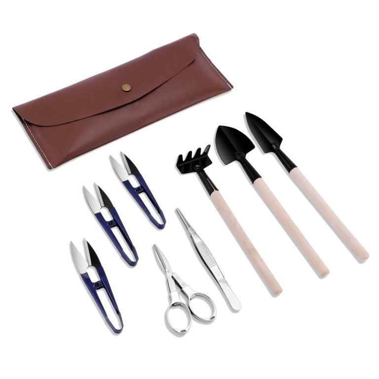 Gardening tools set with small shovels, scissors, and a brown case