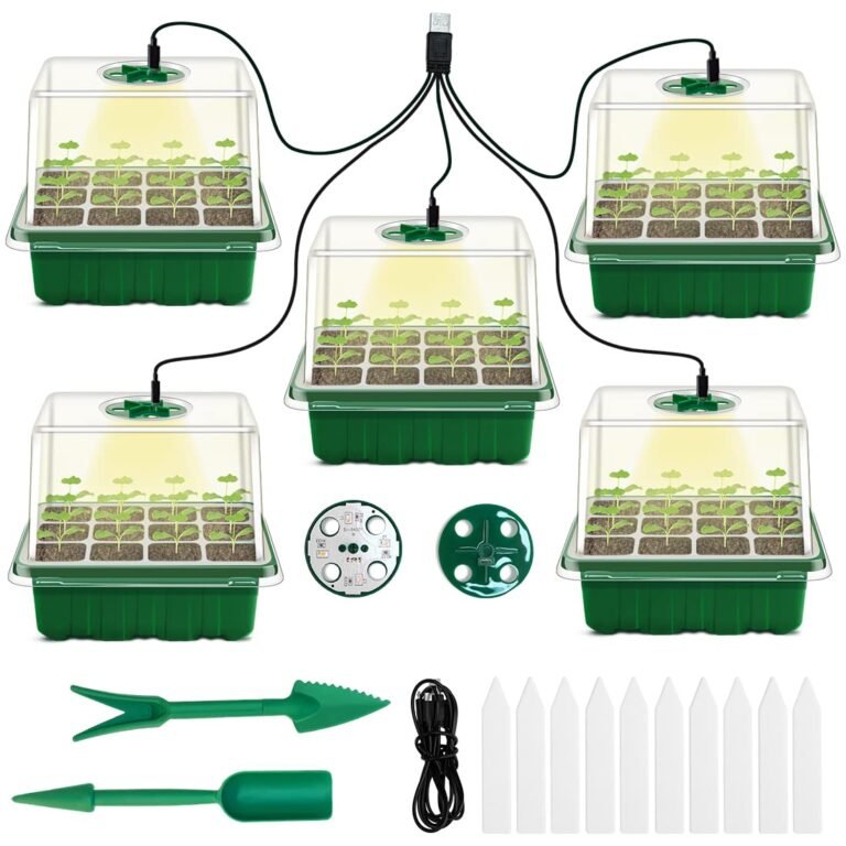 Seed starting kit with five trays, LED lights, and gardening tools