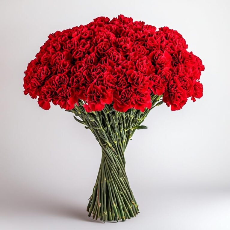 Large bouquet of red carnations with twisted green stems