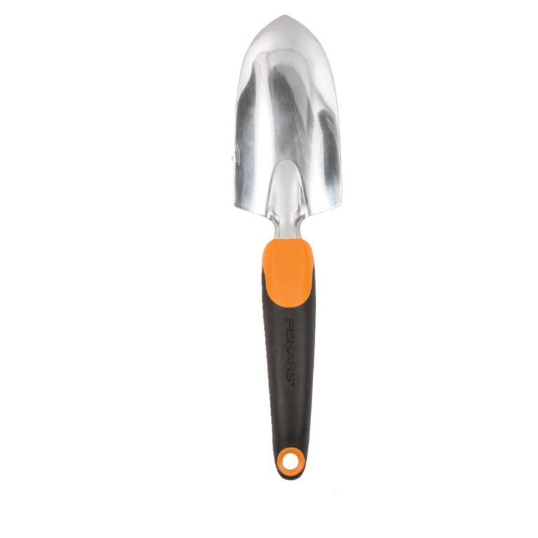 Fiskars garden trowel with a silver blade and orange/black handle