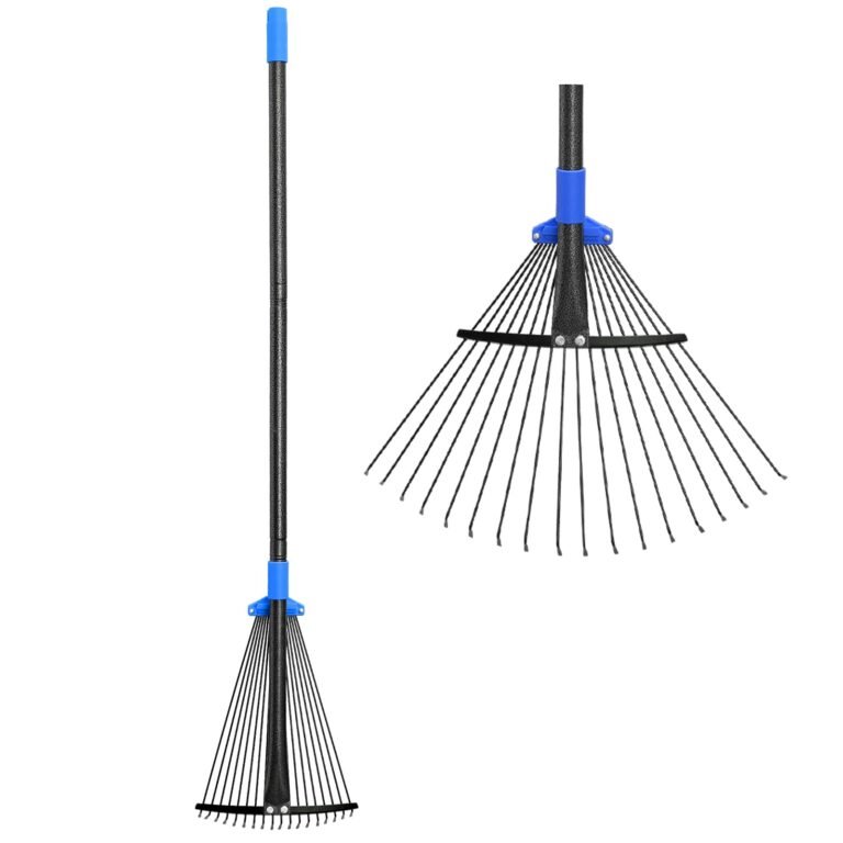 Black and blue leaf rake with long handle, isolated on white background