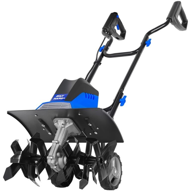 Black and blue garden tiller with blades, wheels, and handles