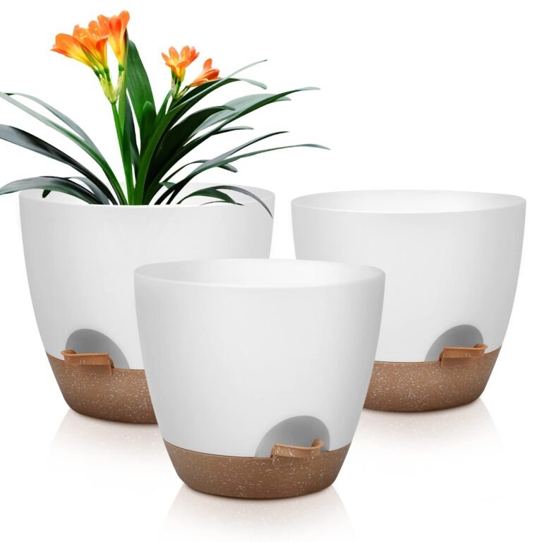 Three white and brown planters, one with orange flowers and green leaves