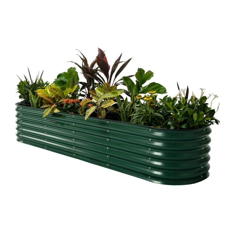 Green corrugated metal planter box filled with various plants