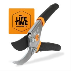 Gardening shears with black handles and "Full Lifetime Warranty" sign
