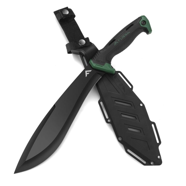 Black machete with green accents and sheath on a white background