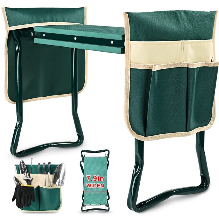 Green garden kneeling bench with pockets and tools