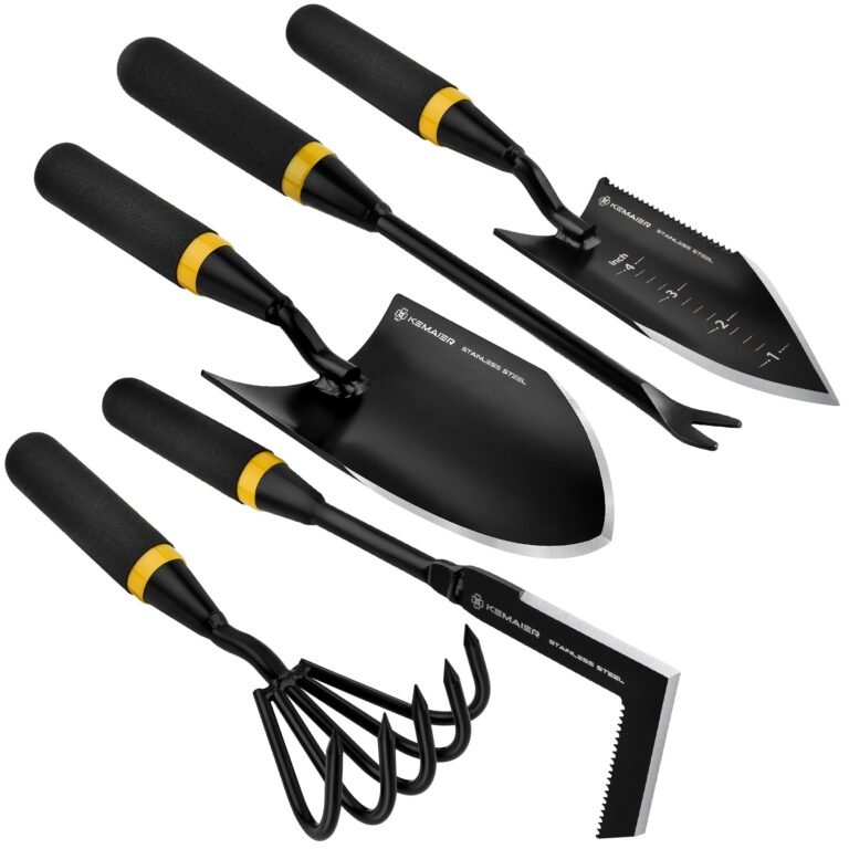 Gardening tools set with black handles and stainless steel blades