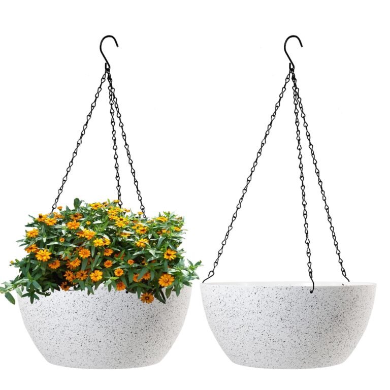 Two hanging planters, one with orange flowers, the other empty