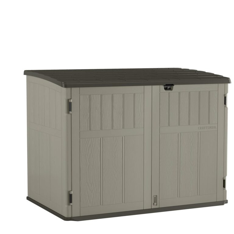 Craftsman outdoor storage shed with a gray wood-grain finish and dark roof