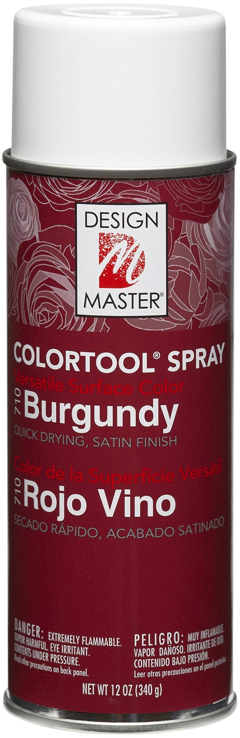 Burgundy spray paint can with "Design Master" logo and color details