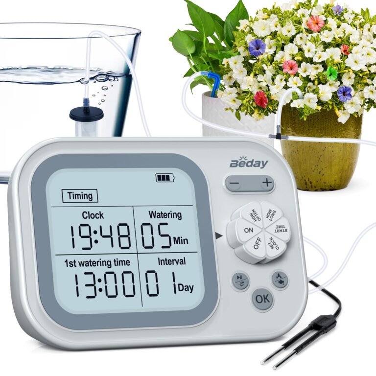 Automatic plant watering system with timer, water source, and potted flowers