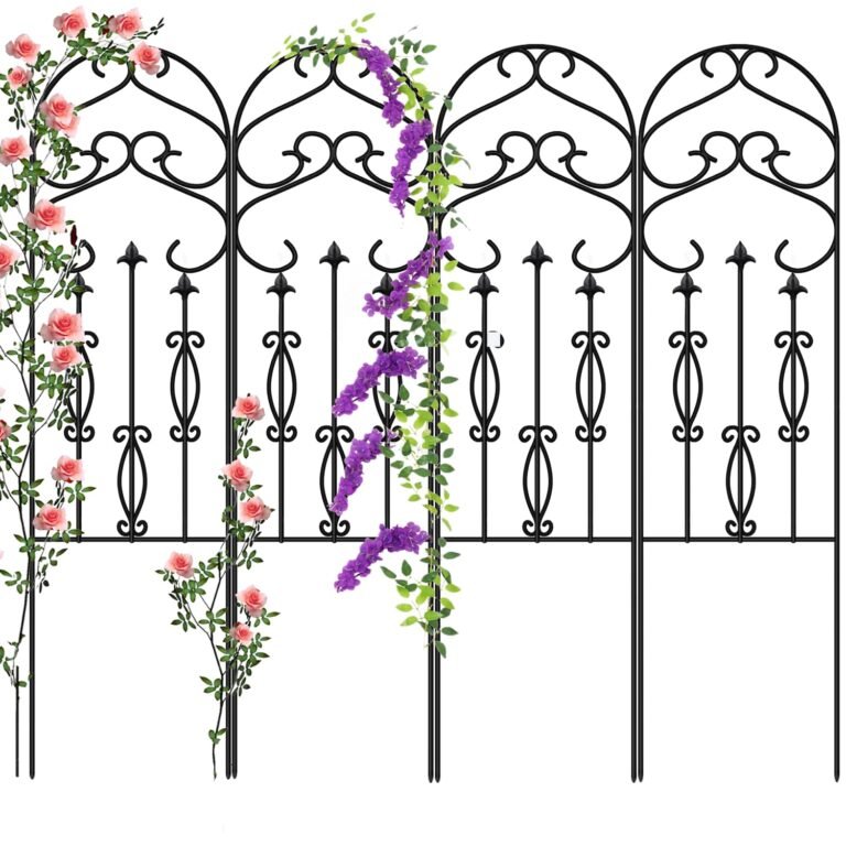 Black metal garden trellis with pink roses and purple flowers