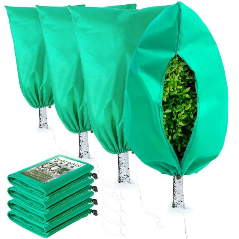 Green plant covers protecting bushes, with a stack of covers in the foreground