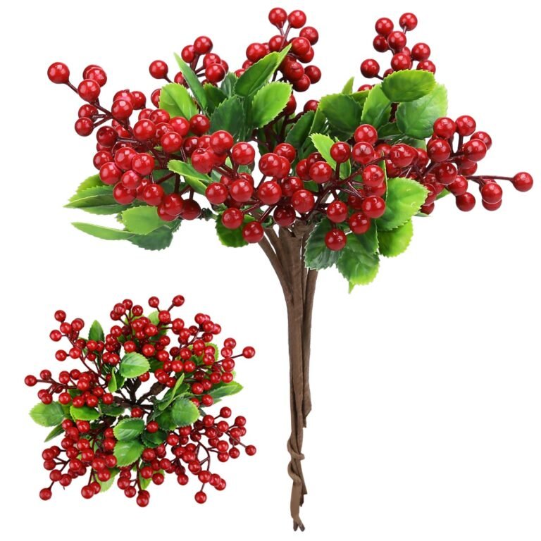 Artificial red berry stems with green leaves, two arrangements on white background