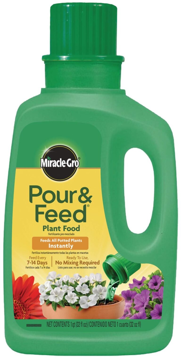 Green Miracle-Gro Pour & Feed plant food bottle with flowers on label