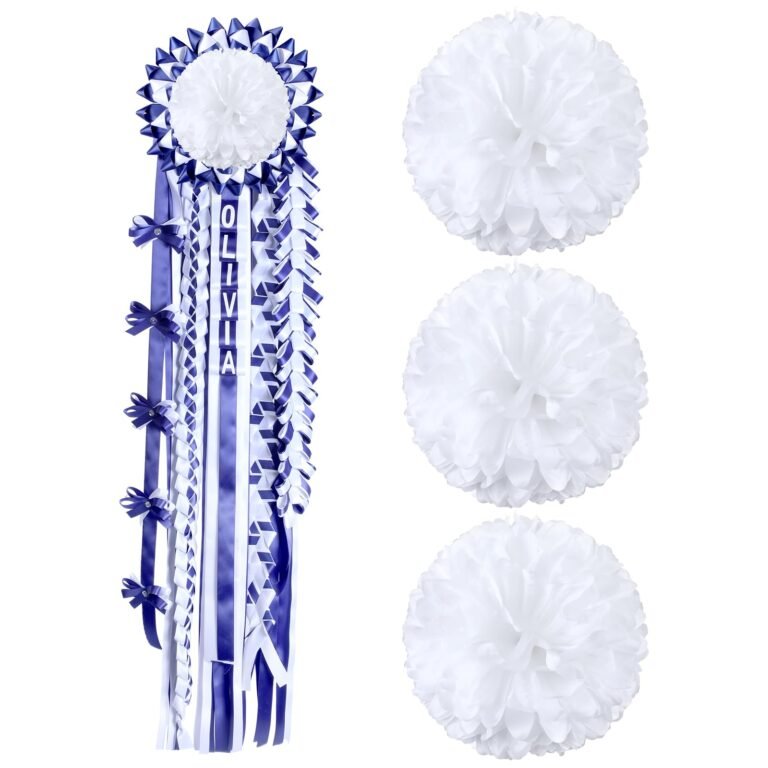 Blue and white homecoming mum with name "Olivia" and three white pom-poms