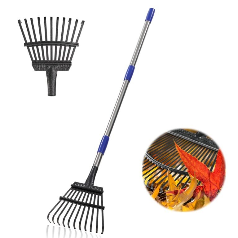 Black metal leaf rake with blue handle accents and leaves