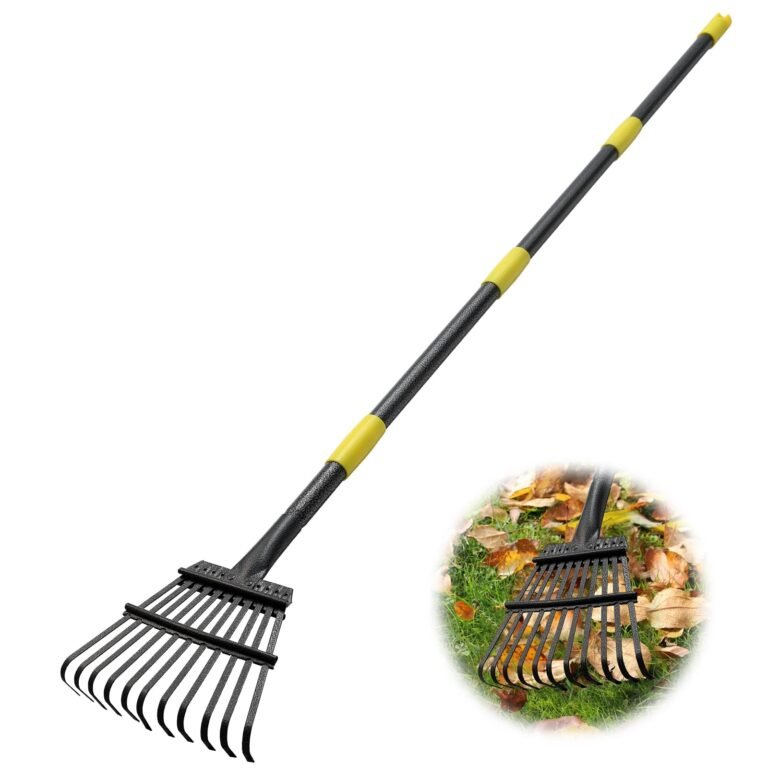 A black and yellow leaf rake with a close-up inset of leaves