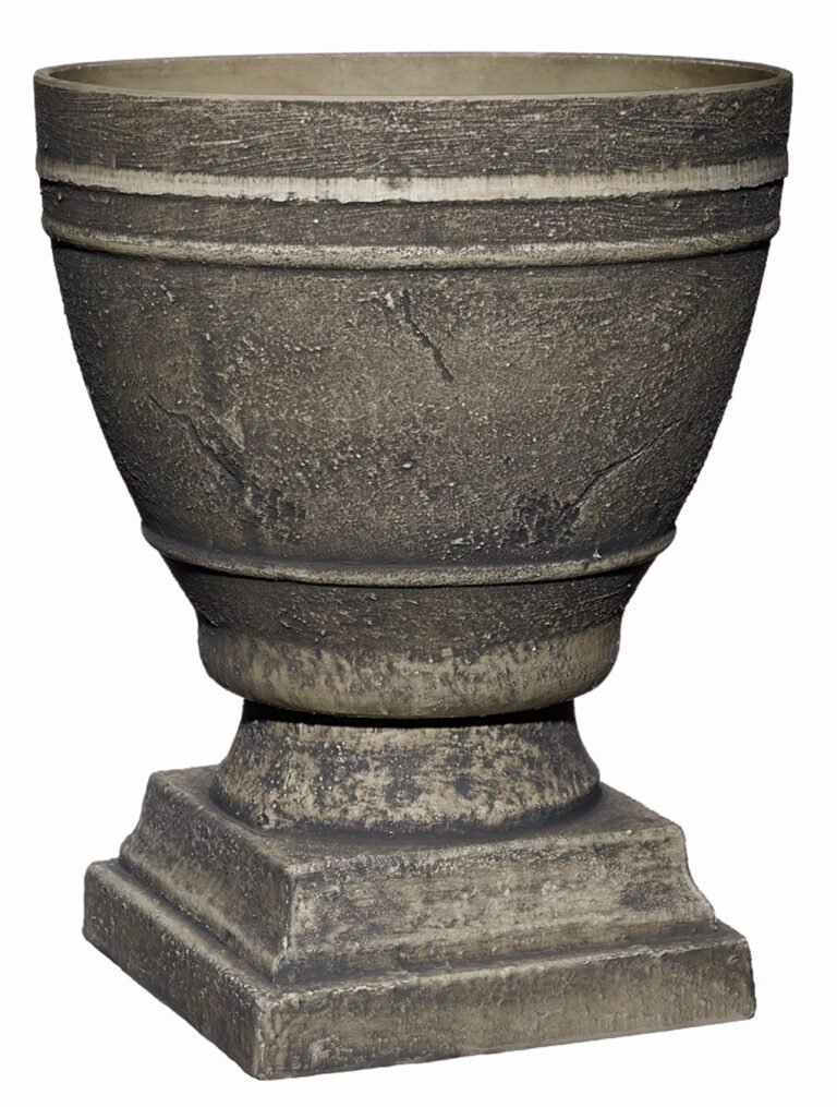 Stone urn planter with a textured surface and square base