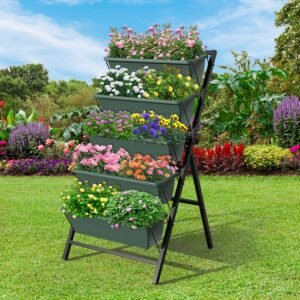 Tiered planter stand with colorful flowers in a lush garden setting