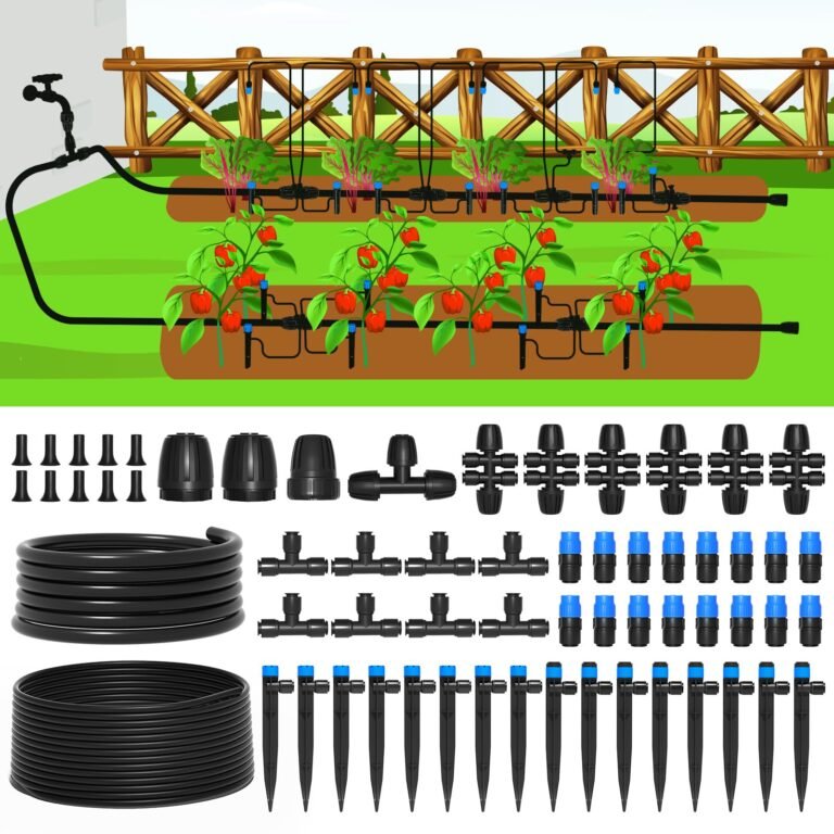 Drip irrigation system with crops of red bell peppers and beets, and parts