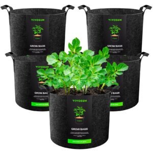 Five VIVOSUN grow bags with plants growing inside, dark gray fabric
