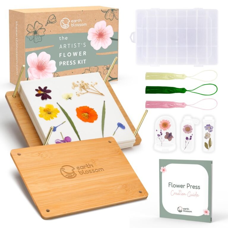 Flower press kit with pressed flowers, box, storage, and creation guide