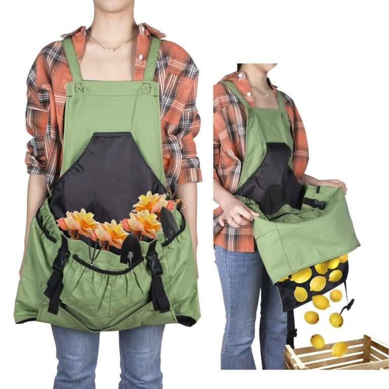 Woman wearing a green apron, filled with flowers and lemons, harvesting produce