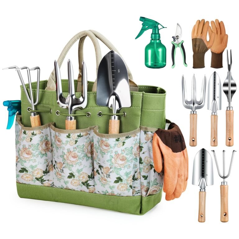 Green garden tool bag with tools, gloves, and spray bottle on white background