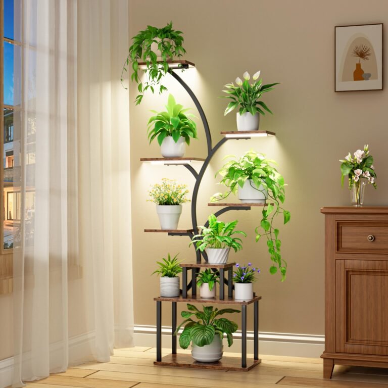 Plant stand with multiple shelves holding various potted plants
