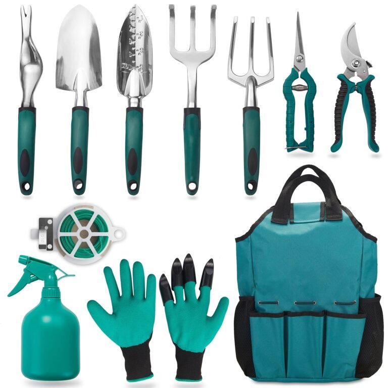 Gardening tools, gloves, spray bottle, and tote bag arranged on a white background