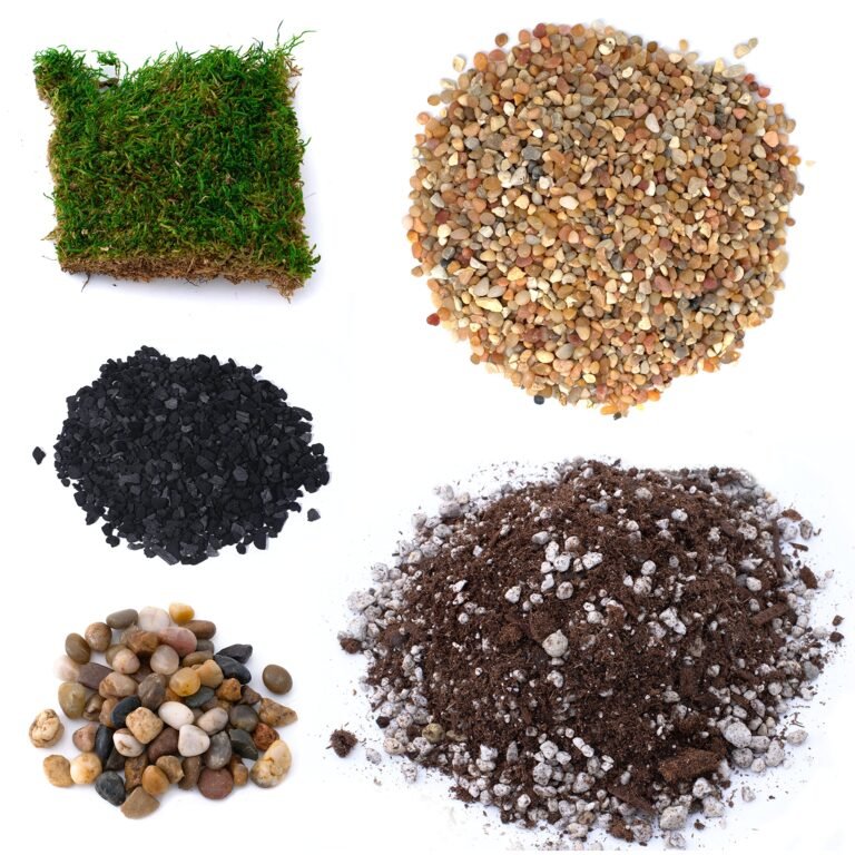 Four piles of different gardening materials: moss, pebbles, charcoal, and soil