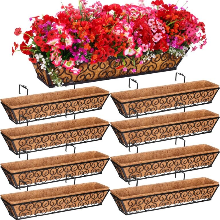 Planter boxes with flowers, decorative metal frames, and coco fiber liners