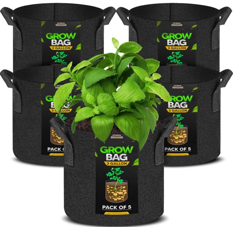 Five black grow bags with plants, labeled "Grow Bag 3 Gallon, Pack of 5"