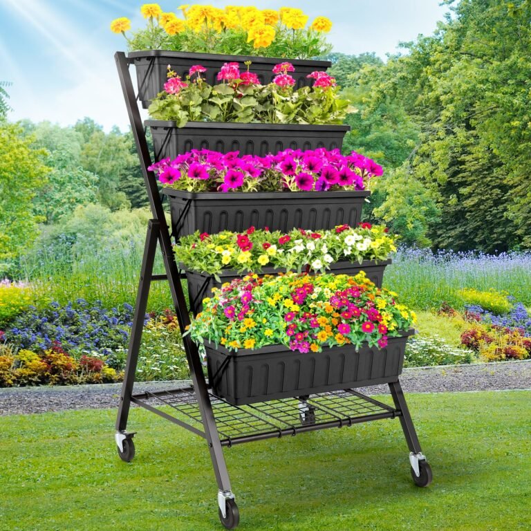 Tiered planter stand with colorful flowers on a grassy lawn