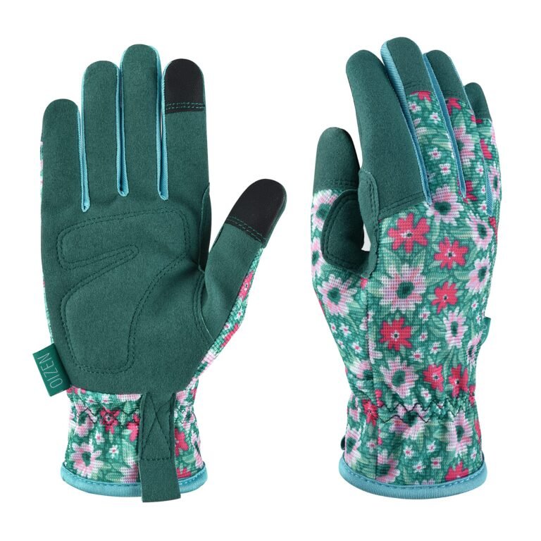 Green gardening gloves with pink floral pattern and black touch tips