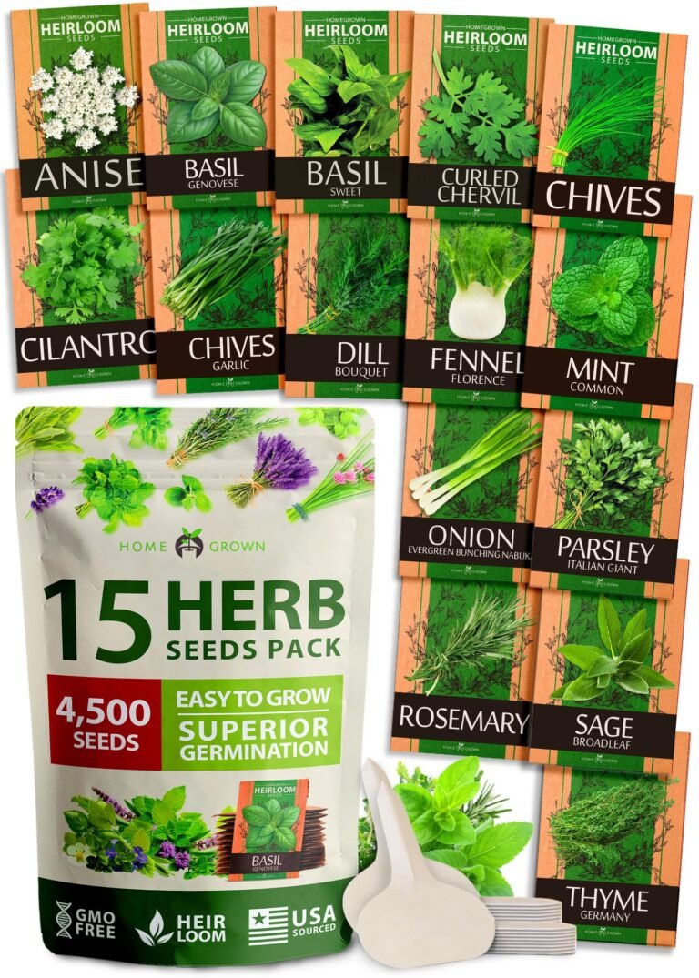 15-herb seed pack with individual seed packets and herb plant illustrations