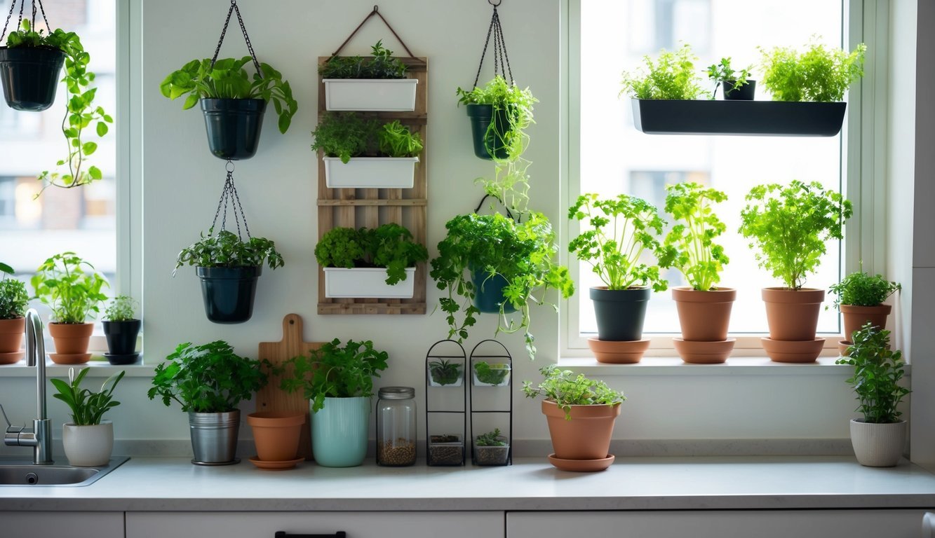 A small apartment with various creative herb-growing setups: hanging planters, vertical gardens, window boxes, wall-mounted shelves, and countertop pots