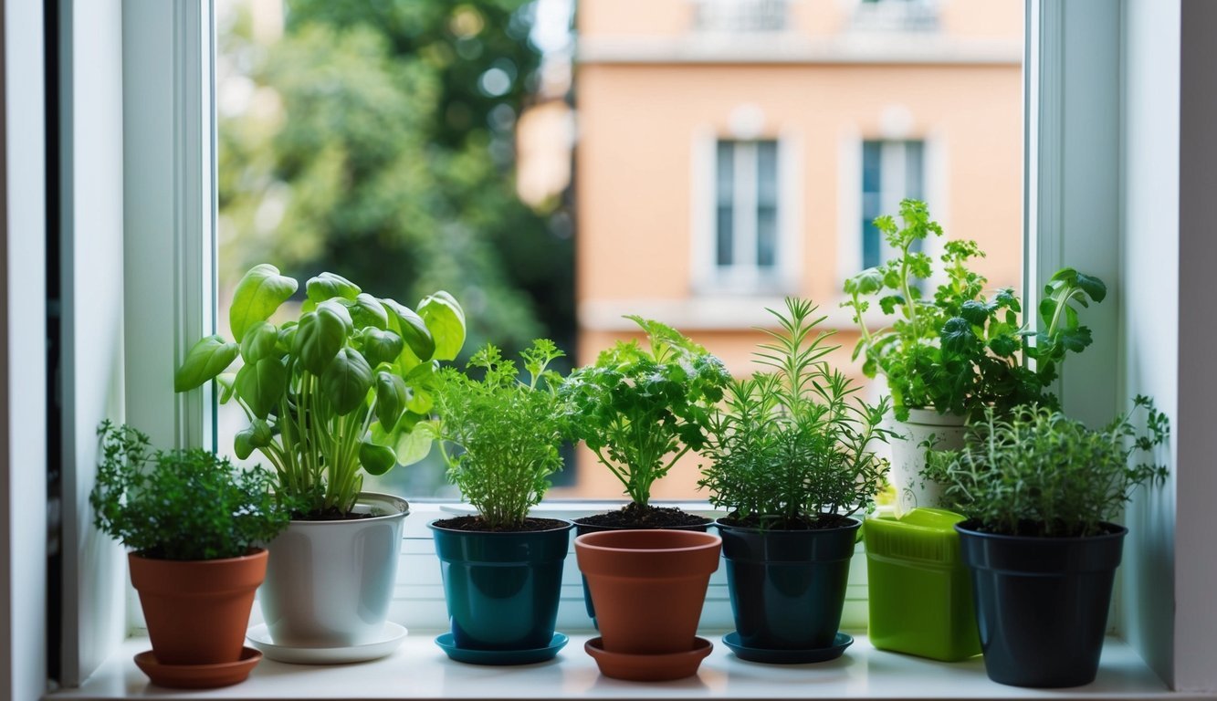A small apartment window sill with a variety of herbs growing in pots and containers, arranged in a creative and visually appealing manner