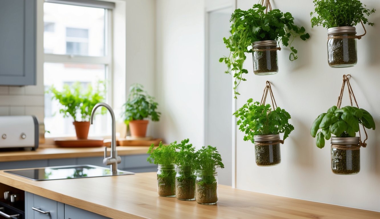 A small apartment kitchen with hanging mason jar herb planters in various creative ways